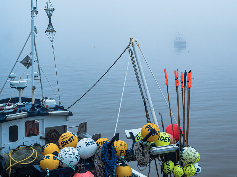 Fishing vessel's deck loaded with yellow and white buoys, nets, and red marker floats in dense fog.