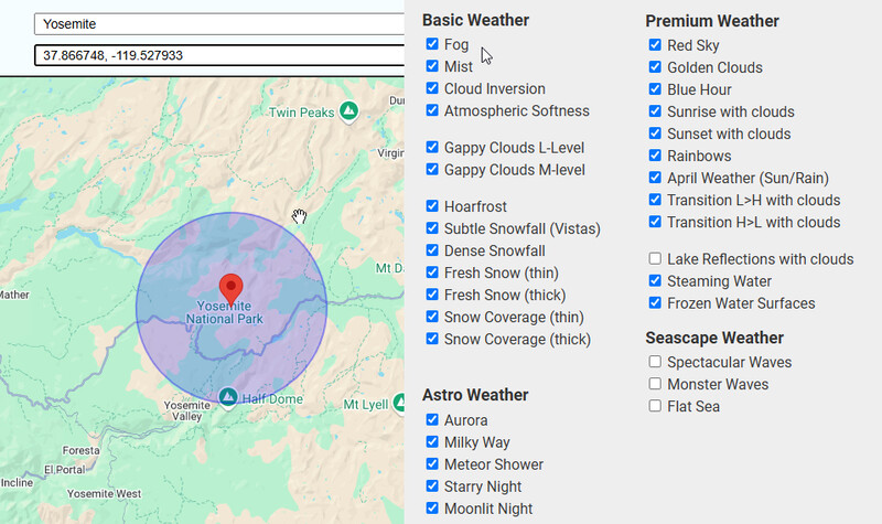 Screenshot of Yosemite weather overlay showing fog, mist, and snow coverage conditions with premium and astro weather options.