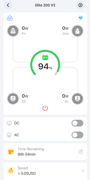 Screenshot of drone battery management app displaying 94% charge level with remaining flight time and power consumption metrics.