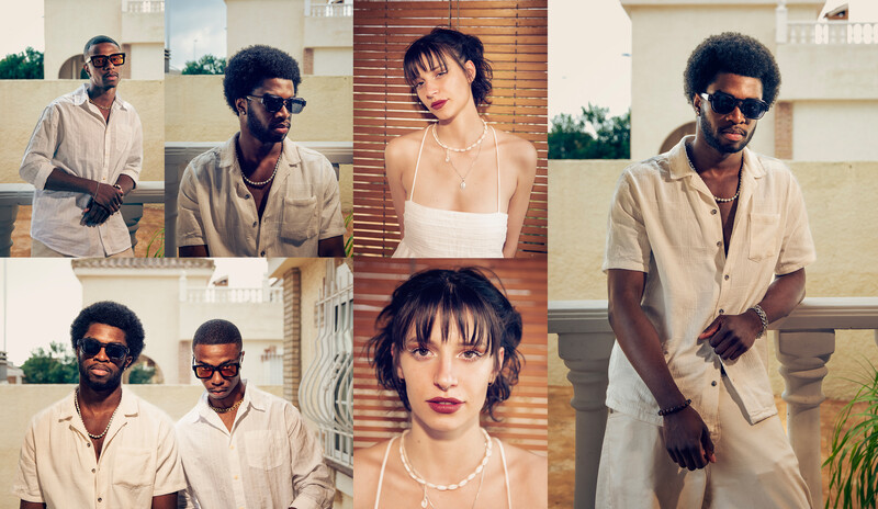 Multiple portraits of individuals wearing neutral-toned linen shirts in outdoor urban setting.