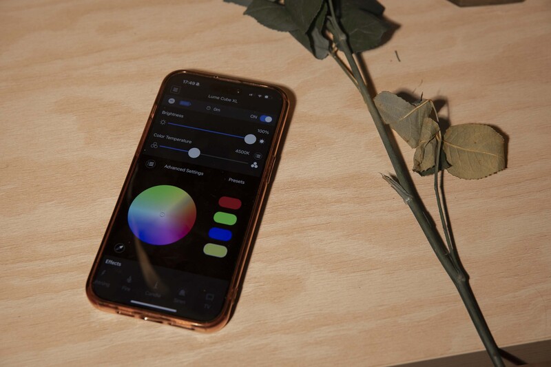 Smartphone displaying a colorful RGB color picker interface with control sliders and green swatches next to a dried plant stem on wood.