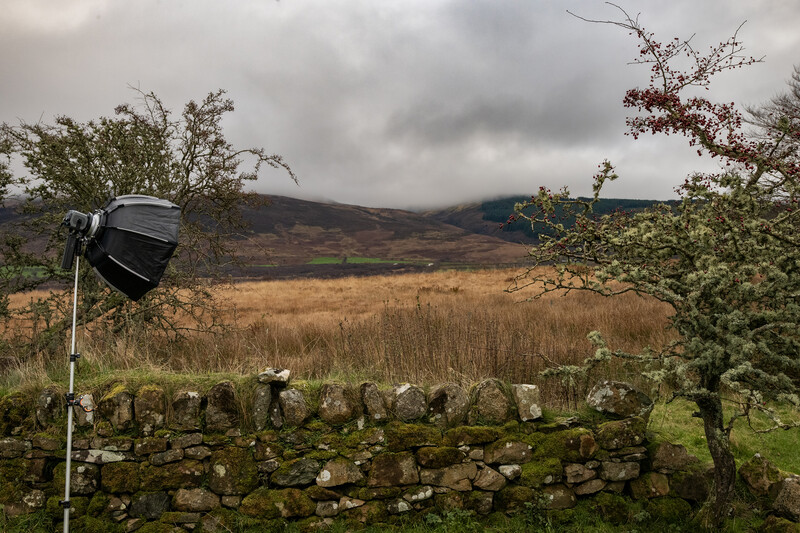Upturned bucket mounted on post with moorland landscape beyond stone wall.