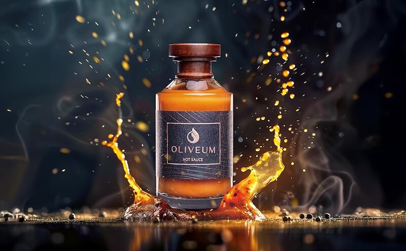 Amber liquid in a dark-labeled bottle surrounded by dynamic golden sparks and splashing liquid against a dark background.