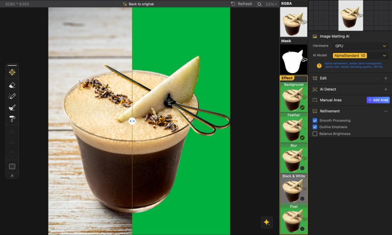 Screenshot of photo editing software showing beverage product photography with green screen background.