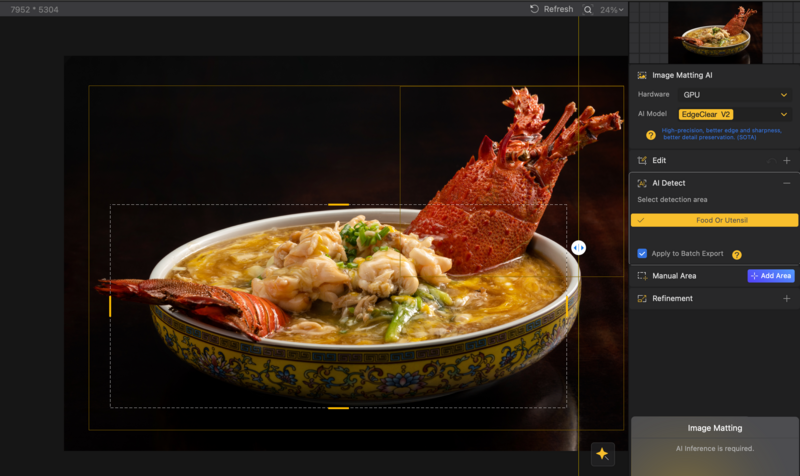 Food photography of lobster noodle soup in ornate gold bowl with editing interface visible.