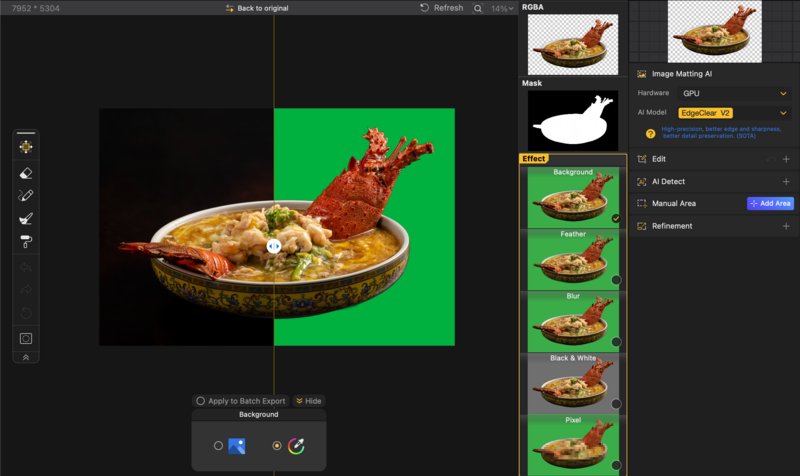 Screenshot of image editing software showing food photography compositing workflow with lobster and noodle dish.