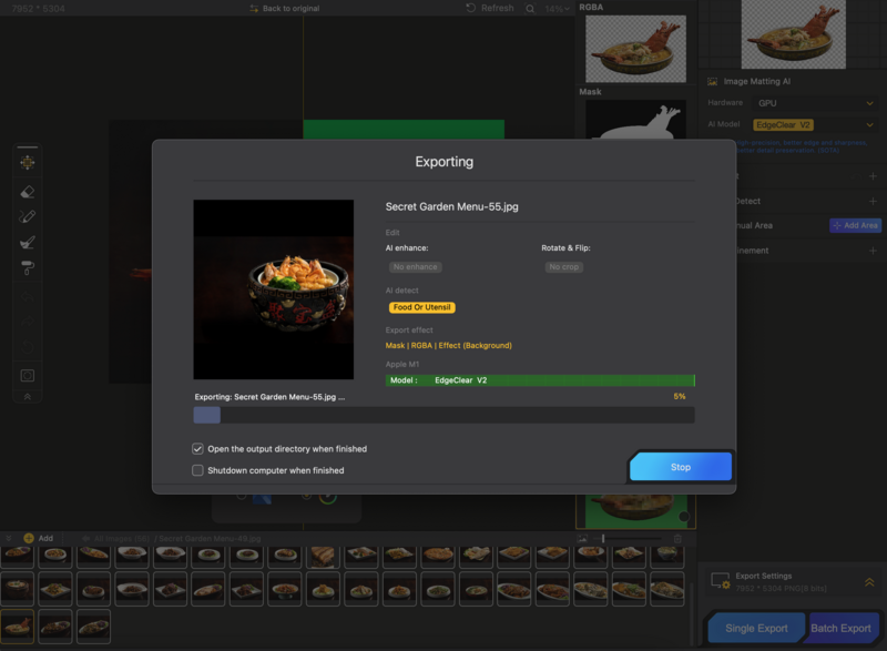 Screenshot of photo editing software showing an export dialog for a food photography image.