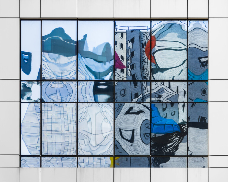 Grid-based street art composition featuring blue-toned murals with geometric patterns and architectural elements.