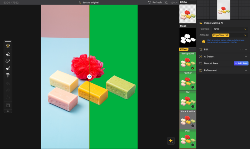 Screenshot of photo editing software with colorful soap bars and red flower arranged on split background.