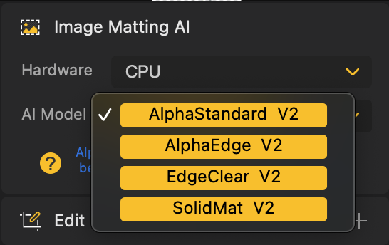 Screenshot of Image Matting AI software interface showing AI model selection dropdown menu with four options.