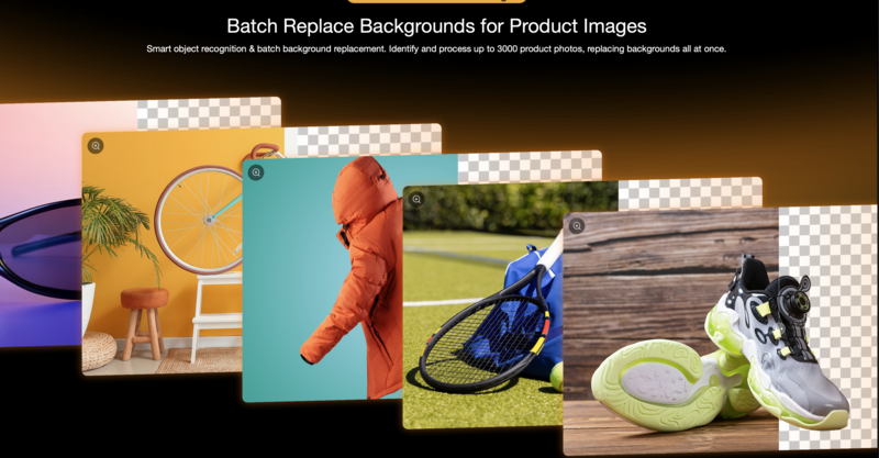 Graphic showing batch background replacement workflow with six product images transitioning from original backgrounds to transparent checkered backgrounds.