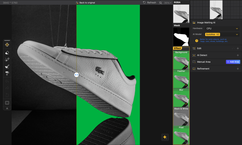 Screenshot of photo editing software showing a white sneaker on a bright green background with selection and masking tools visible.