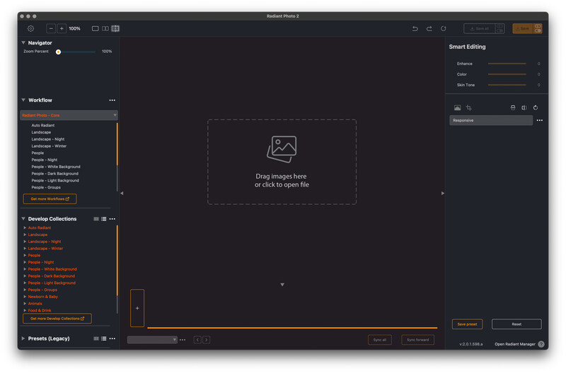 Screenshot of Capture One photo editing software with empty canvas and drag-and-drop interface.
