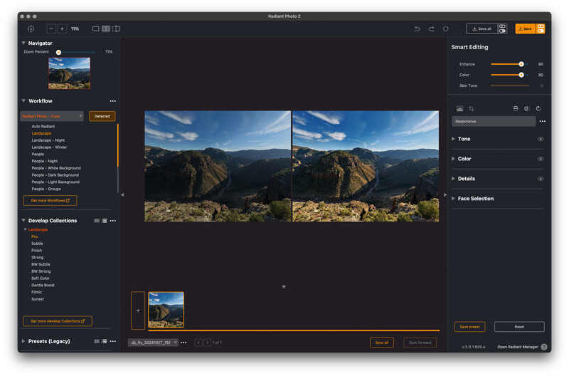 Screenshot of photo editing software displaying side-by-side comparison of mountain landscape images.