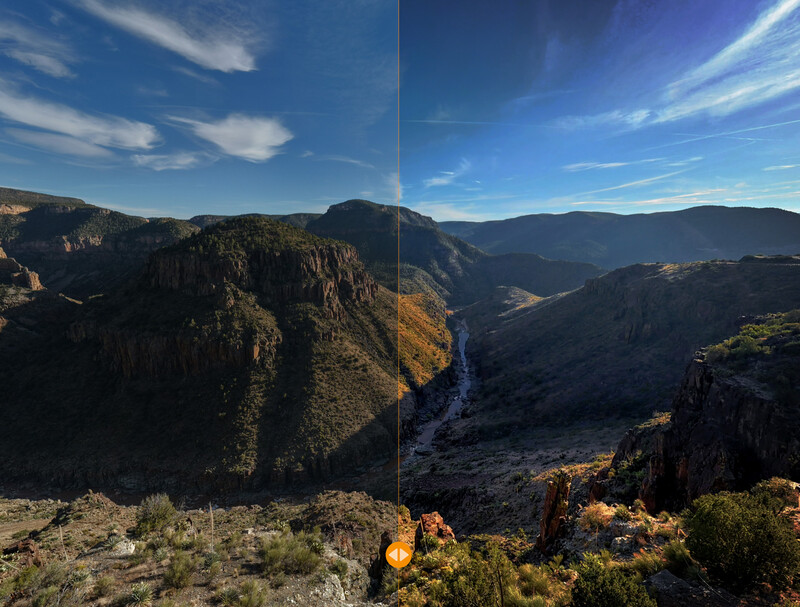 Split-screen comparison of a desert canyon landscape showing lighting and processing differences.