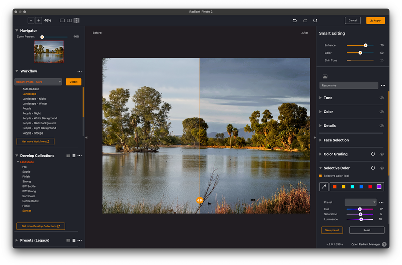 Screenshot of photo editing software showing a landscape image of a river with trees and clouds during editing.