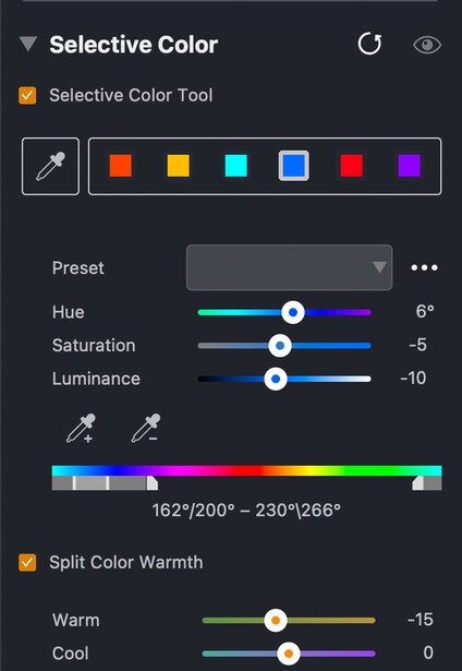 Screenshot of Selective Color adjustment panel showing color sliders and a color gradient preview.