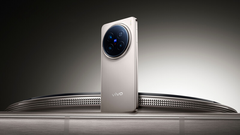 Vivo smartphone with circular camera module displayed against curved reflective surface with dramatic studio lighting.