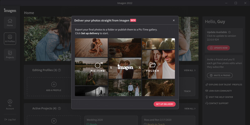 Screenshot of Imagen 2022 interface showing photo delivery options and editing profiles.