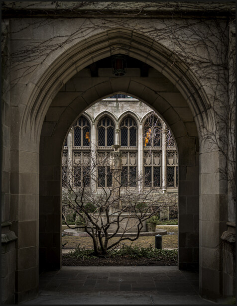 Gothic archway framing a courtyard with gothic windows and bare tree branches.