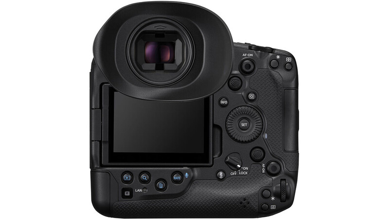 Professional mirrorless camera body with articulating rear screen and control wheel visible from rear three-quarter angle.