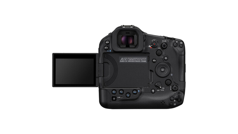 Professional mirrorless camera shown from rear angle with articulating touchscreen extended to the left side.