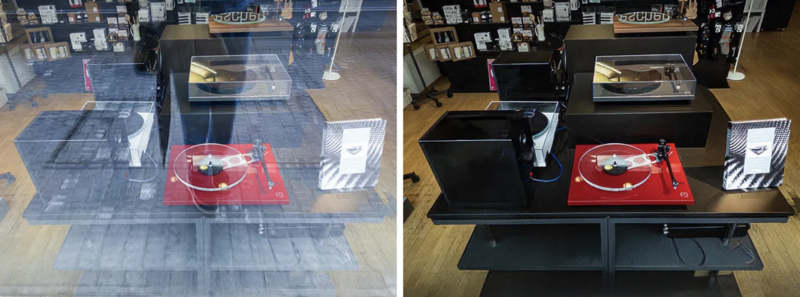 Side-by-side comparison of a DJ setup showing lighting differences between two exposures or post-processing treatments.