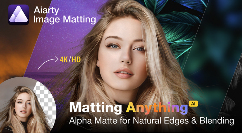 Screenshot of Aiarty Image Matting software interface showing portrait with alpha matte compositing.