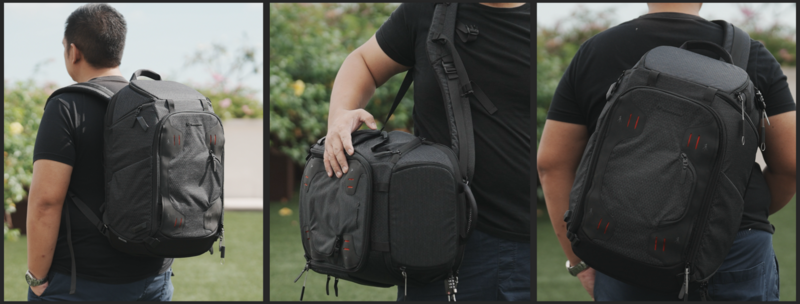 Man wearing black travel backpack shown from three angles: back view, side carry position, and front view.