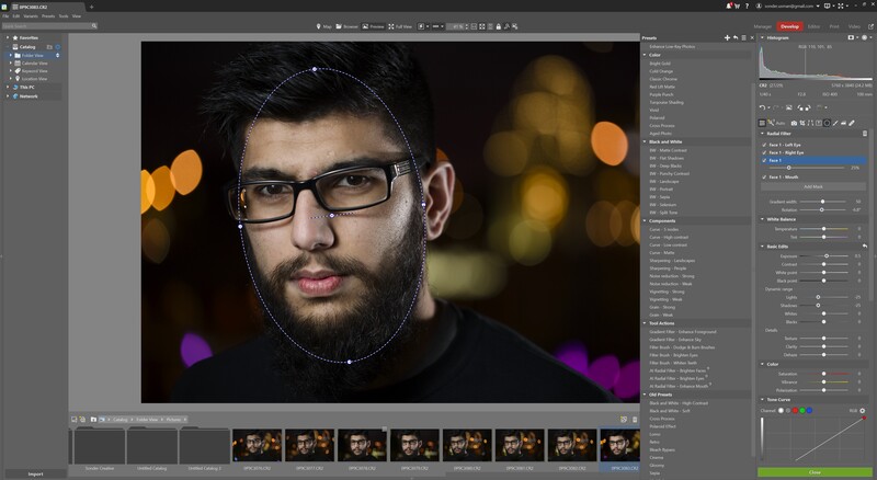 Man wearing glasses with bokeh lighting in background, shown in photo editing software interface.