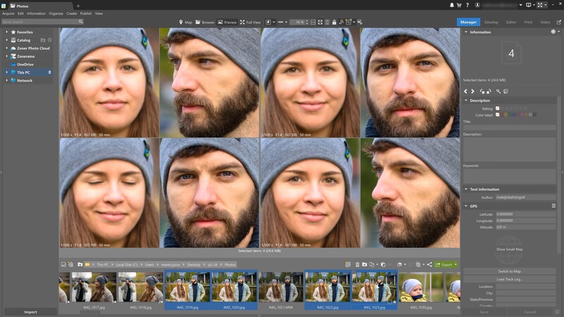 Screenshot of photo editing software displaying a grid of headshot variations showing the same woman and man in different poses and angles.