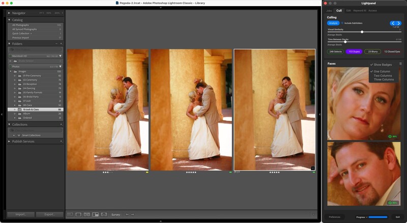 Lightroom interface showing three variations of a wedding portrait with warm golden tones.