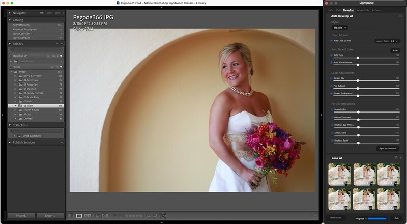 Bride in white strapless dress holding vibrant pink and yellow bouquet against curved golden wall.