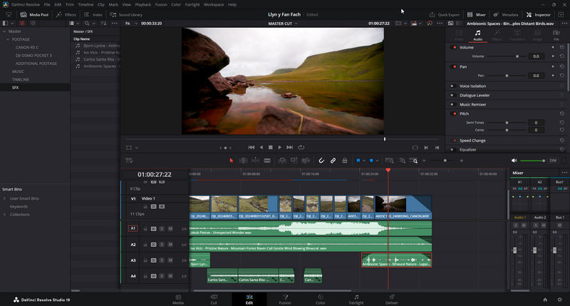 Screenshot of video editing software showing landscape footage in timeline with color grading adjustments.