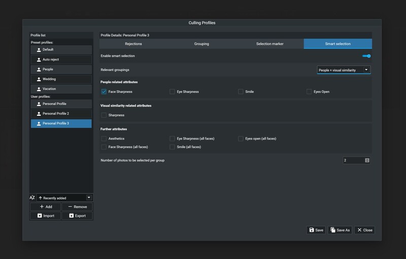 Excire's smart selection options as part of the culling features