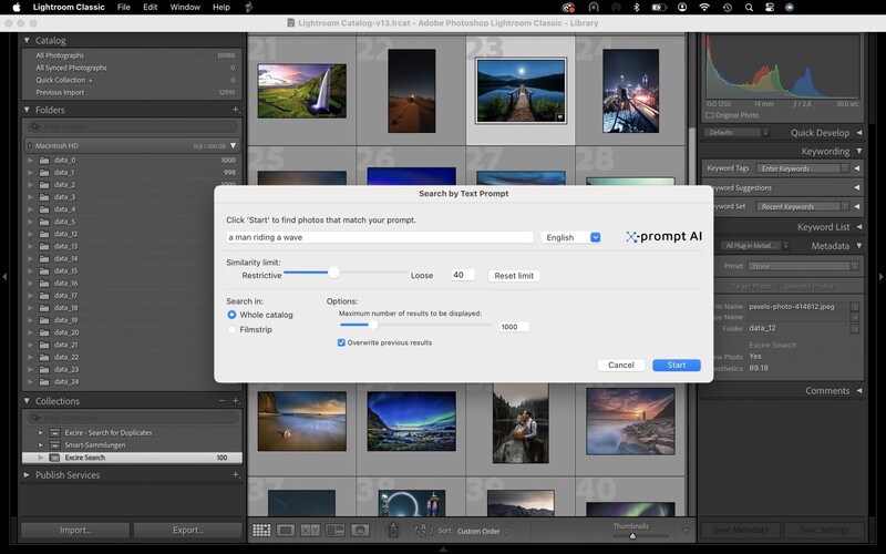 Excire Search 2024 with the Search by Text Prompt tool in use