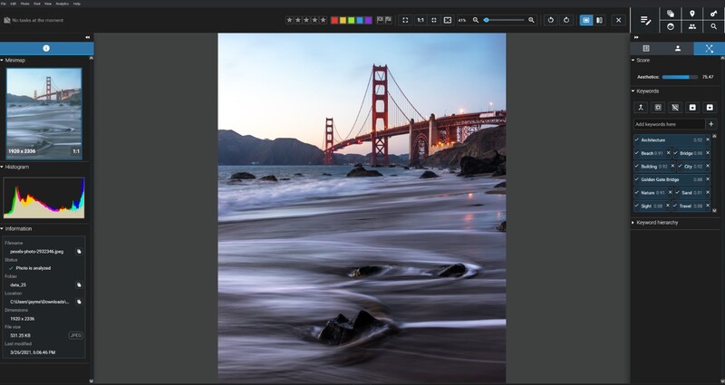 Excire Foto 2025 Preview mode with a landscape photo displayed