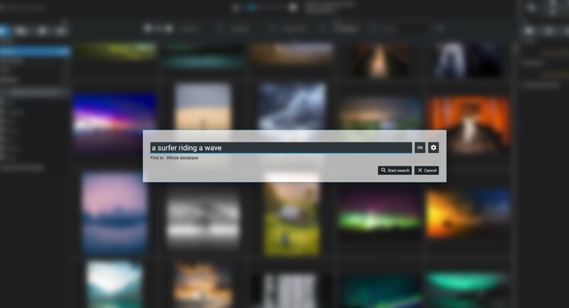Using Excire's prompt-search tool to find an image of a surfer riding a wave