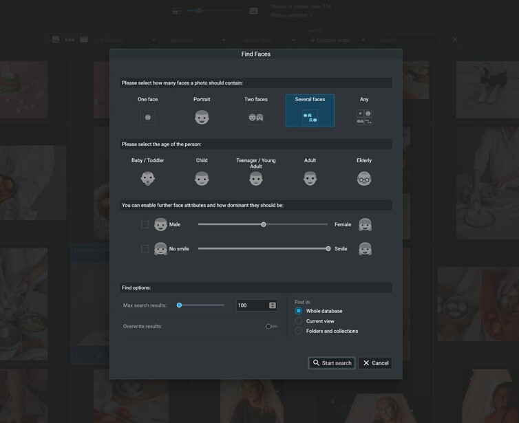 Excire photo manager Find Faces dialog box