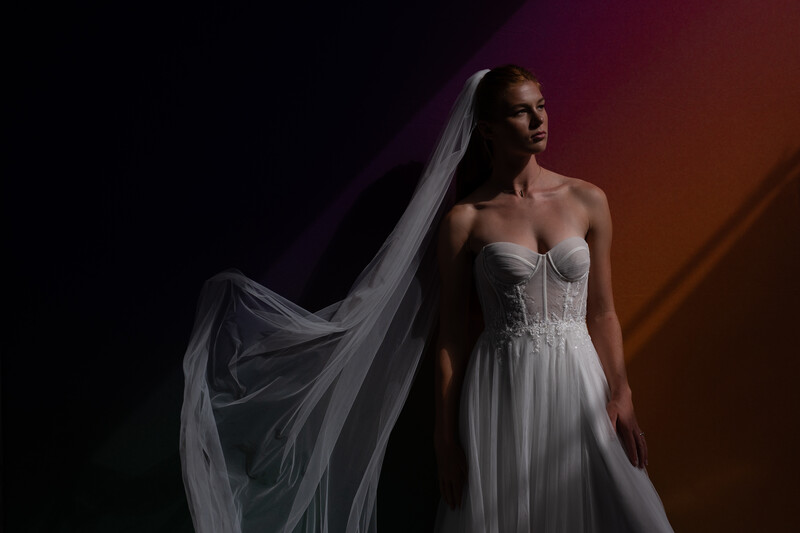 Woman in flowing white gown and veil posed against warm gradient background.
