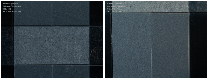 Side-by-side comparison of camera sensor or monitor test patterns showing grid overlays and exposure variations.