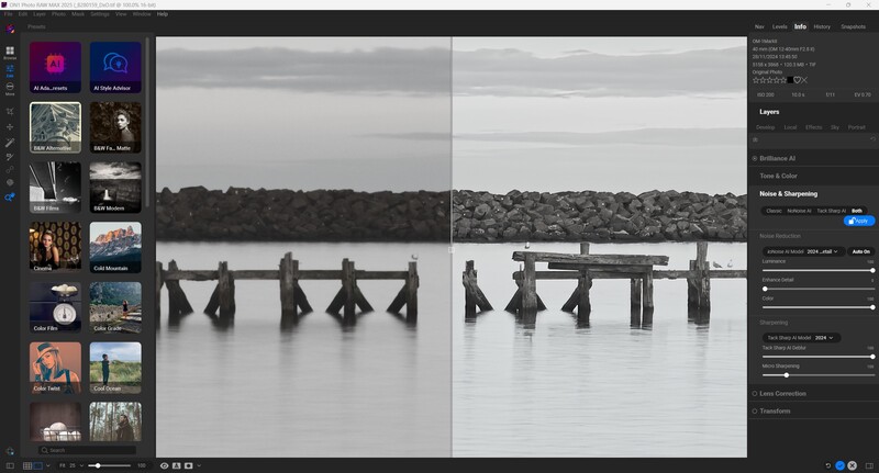 Wooden pier pilings emerging from still water with forested shoreline under overcast sky.