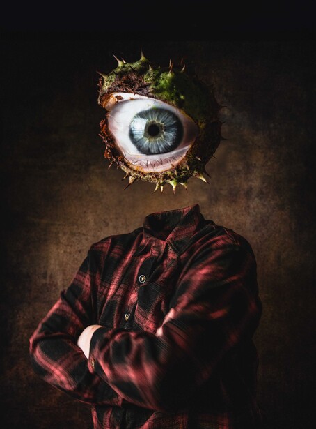 Figure in red plaid shirt with oversized eye for a head against dark textured background.