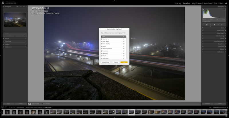 Screenshot of Lightroom's Exposure Merging dialog displayed over a long-exposure photograph of a train at night.