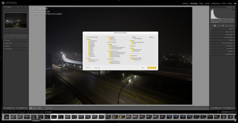 Screenshot of Lightroom's Develop module with a dialog box displaying keyboard shortcuts and adjustment panels.