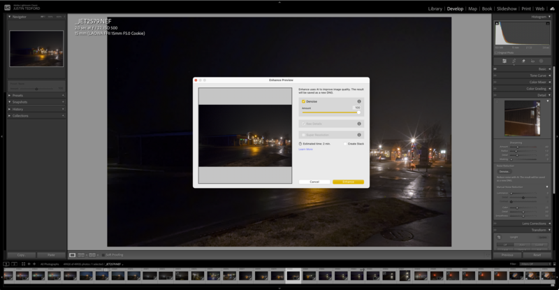 Screenshot of Lightroom's Graduated Filter tool applied to a nighttime urban landscape photograph.