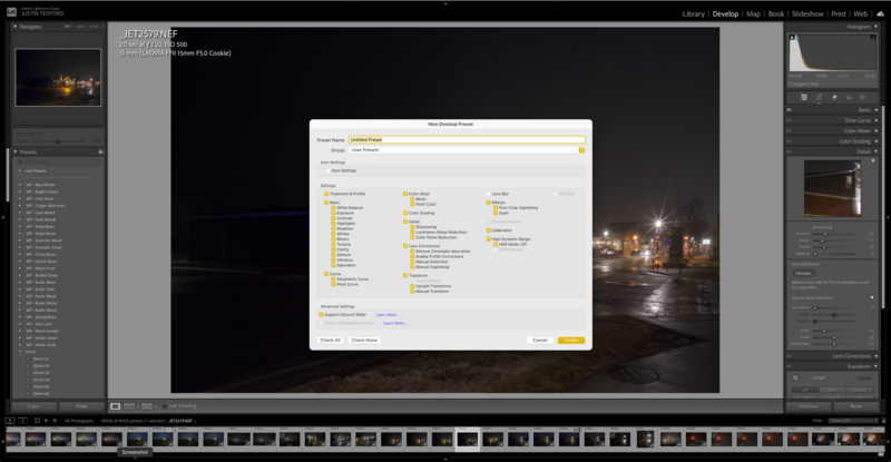 Screenshot of photo editing software showing an export dialog with multiple format and quality options displayed over a nighttime street photograph.