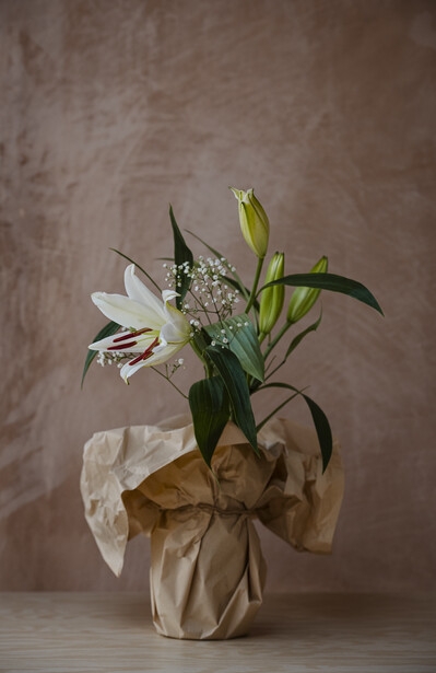 White lily flowers with green stems in a kraft paper-wrapped vase against a textured brown wall.