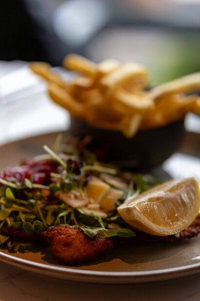 Plated dish with seared protein, microgreens, citrus wedge, and red garnish alongside golden fries.