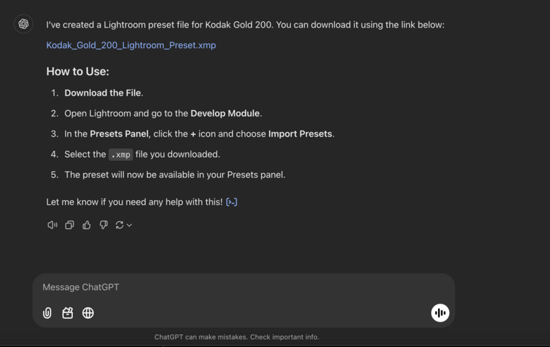 Screenshot of a ChatGPT conversation about a Lightroom preset file for Kodak Gold 200 film.